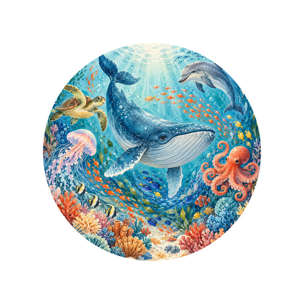 Kartela Ocean Friends washable ocean animals round rug, top view on a wooden floor