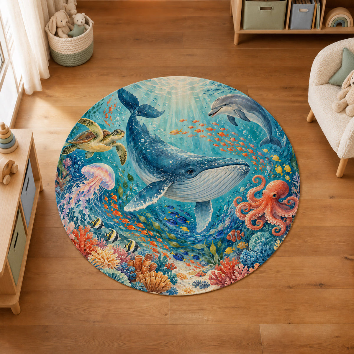 Kartela Ocean Friends washable ocean animals round rug in a kids' room on a wooden floor