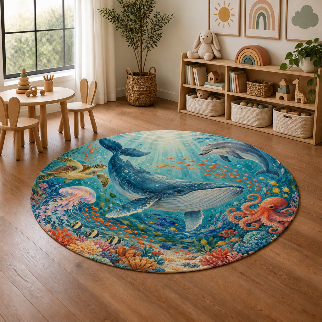 Kartela Ocean Friends washable ocean animals round rug in a playroom next to toy shelves