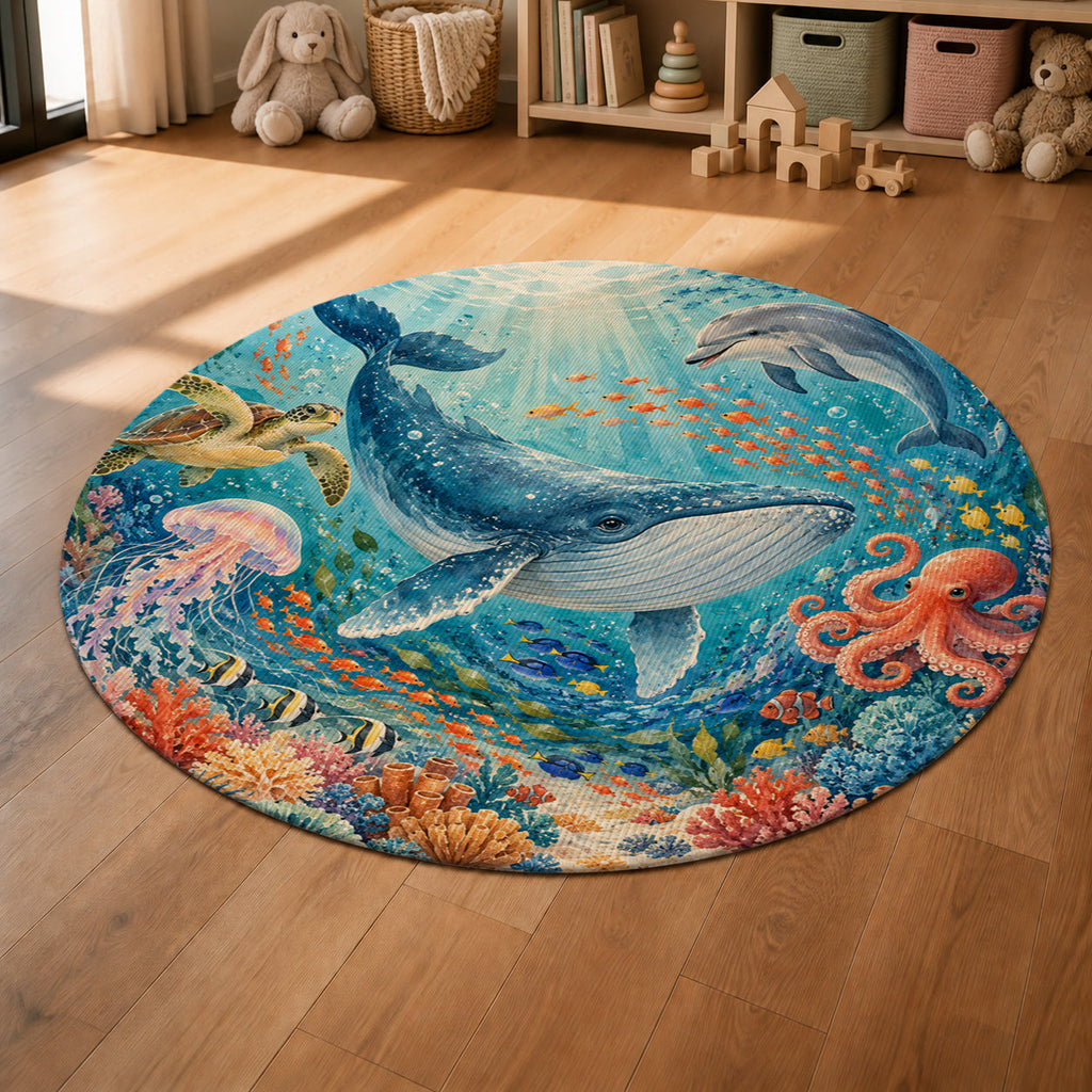 Kartela Ocean Friends washable ocean animals round rug in a sunny kids' room with a play tent