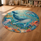 Kartela Ocean Friends washable ocean animals round rug in a sunny kids' room with a play tent