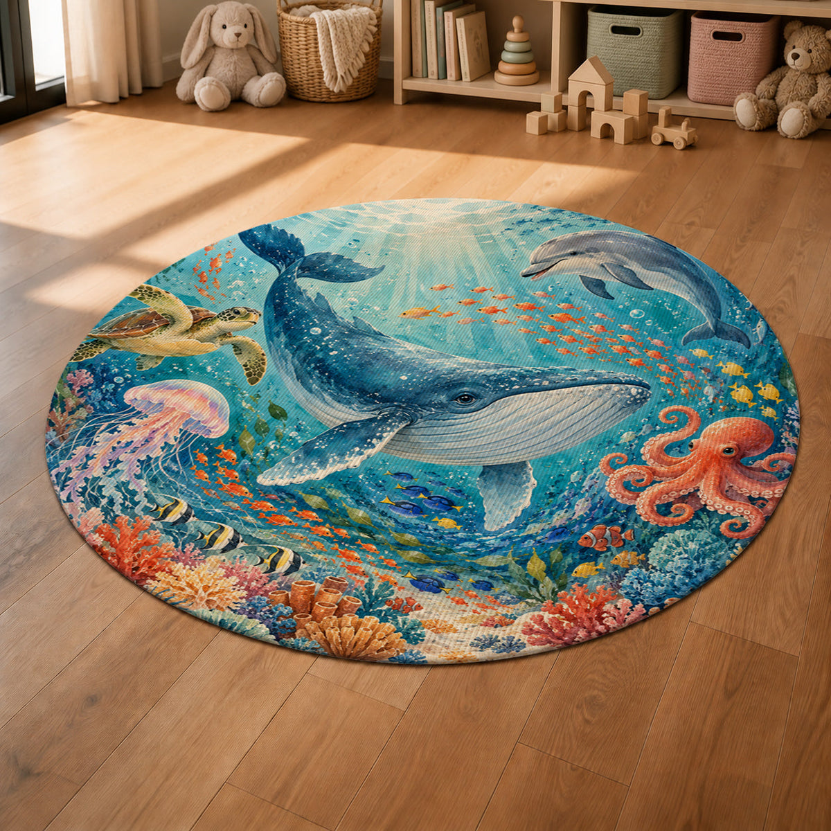 Kartela Ocean Friends washable ocean animals round rug in a sunny kids' room with a play tent