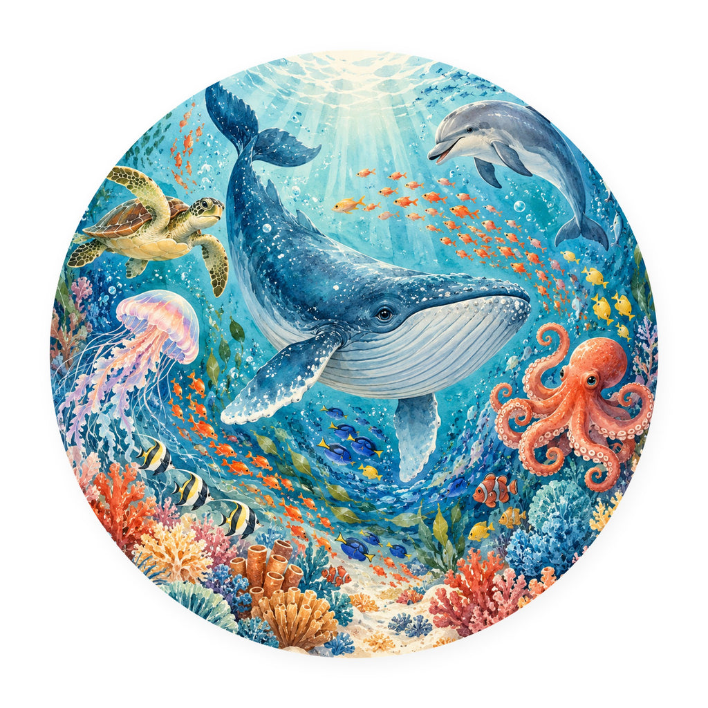 Kartela Ocean Friends washable ocean animals round rug, flat product view on white