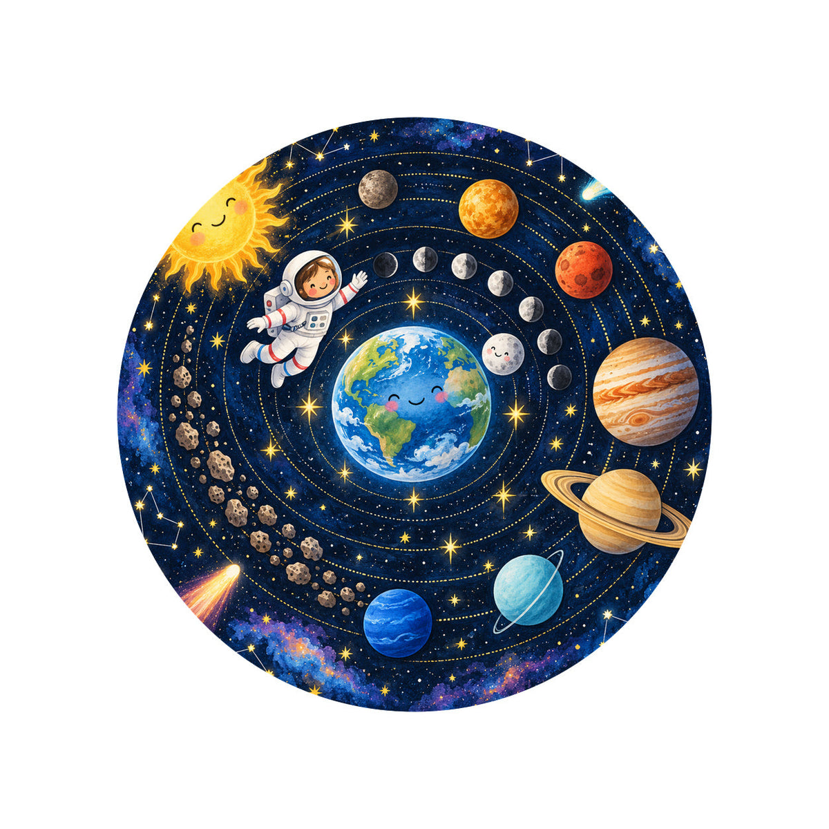 Kartela Space Orbit washable solar system round rug, top view on a wooden floor