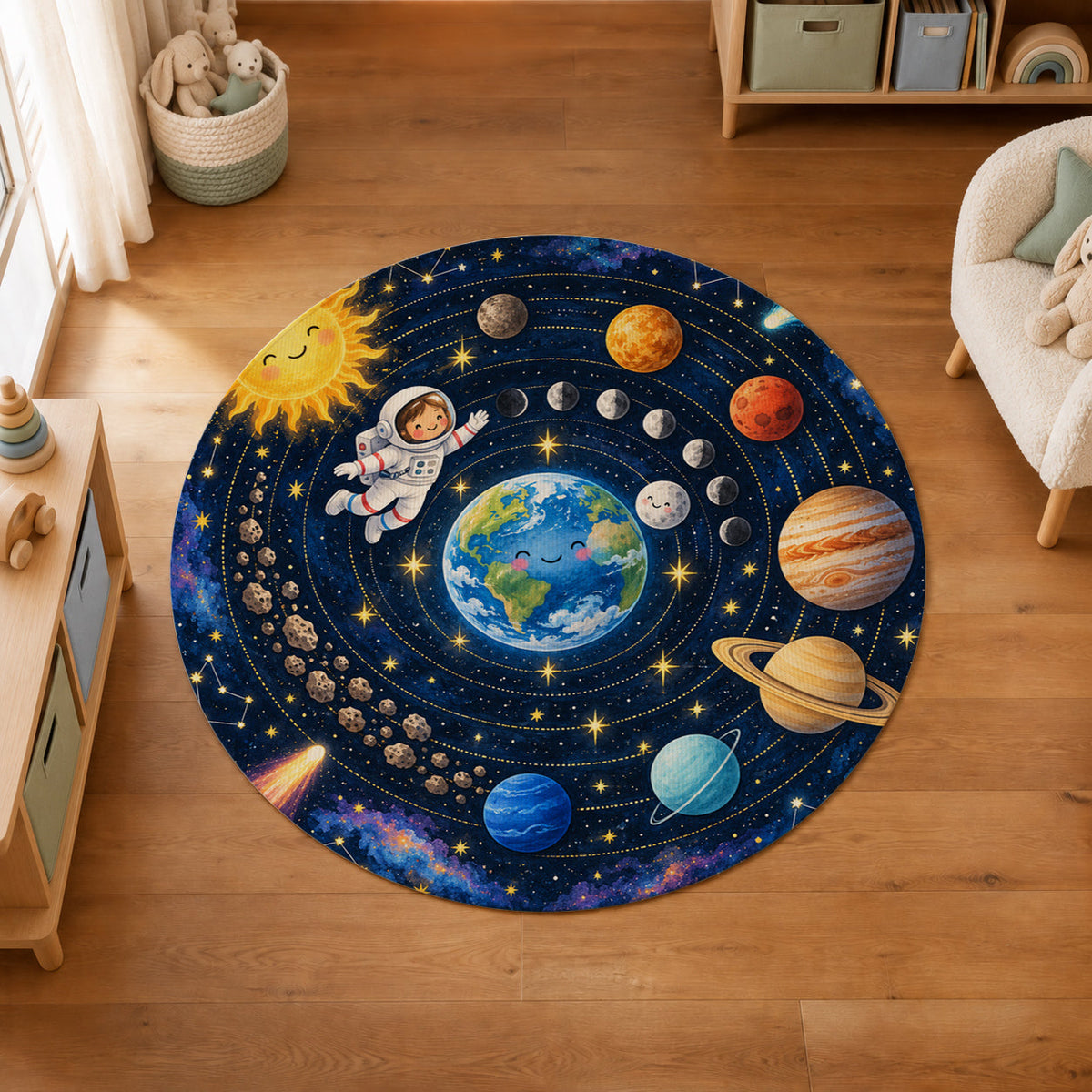 Kartela Space Orbit washable solar system round rug in a kids' room on a wooden floor