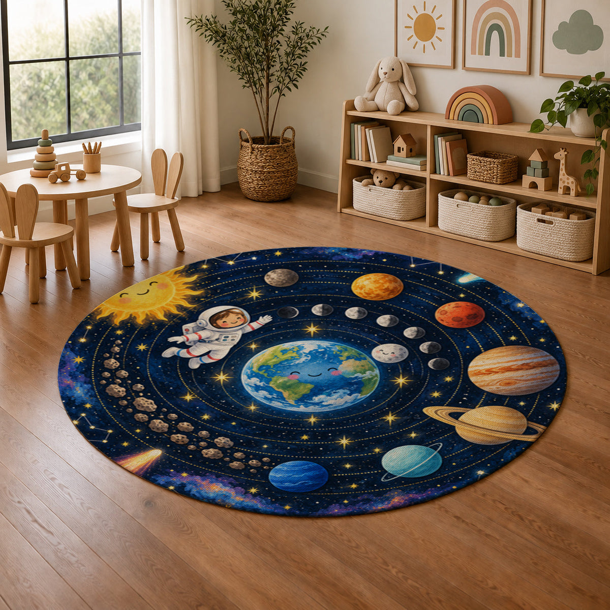 Kartela Space Orbit washable solar system round rug in a playroom next to toy shelves