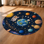 Kartela Space Orbit washable solar system round rug in a sunny kids' room with a play tent