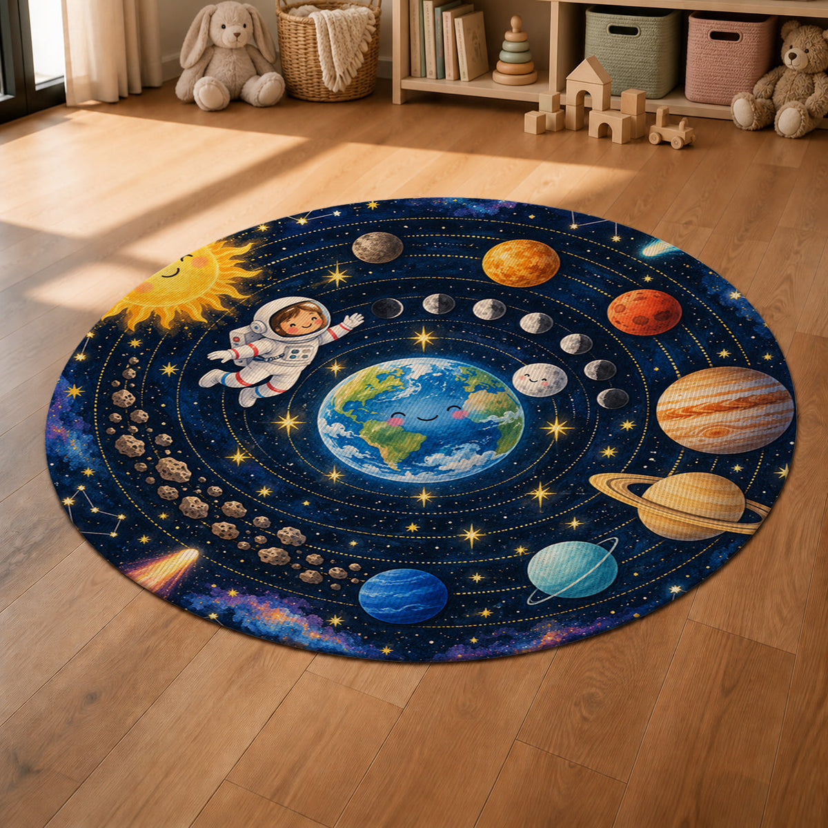 Kartela Space Orbit washable solar system round rug in a sunny kids' room with a play tent