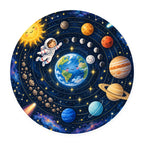 Kartela Space Orbit washable solar system round rug, flat product view on white