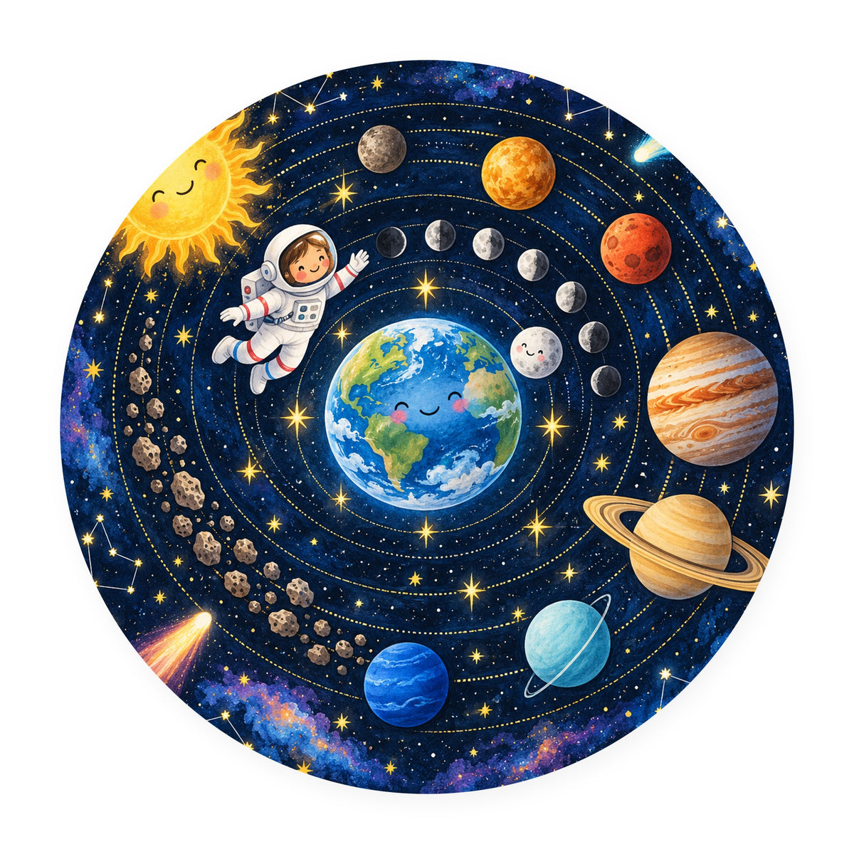 Kartela Space Orbit washable solar system round rug, flat product view on white