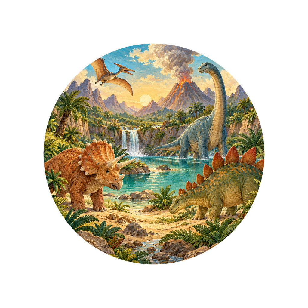 Kartela Dino Valley washable dinosaur round rug, top view on a wooden floor