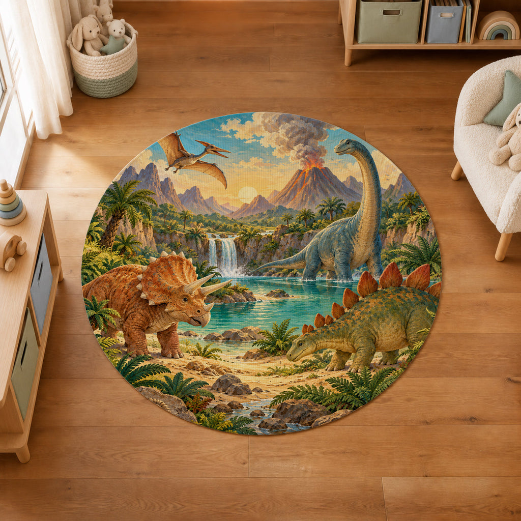 Kartela Dino Valley washable dinosaur round rug in a kids' room on a wooden floor