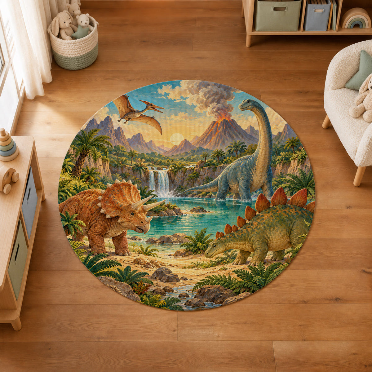 Kartela Dino Valley washable dinosaur round rug in a kids' room on a wooden floor
