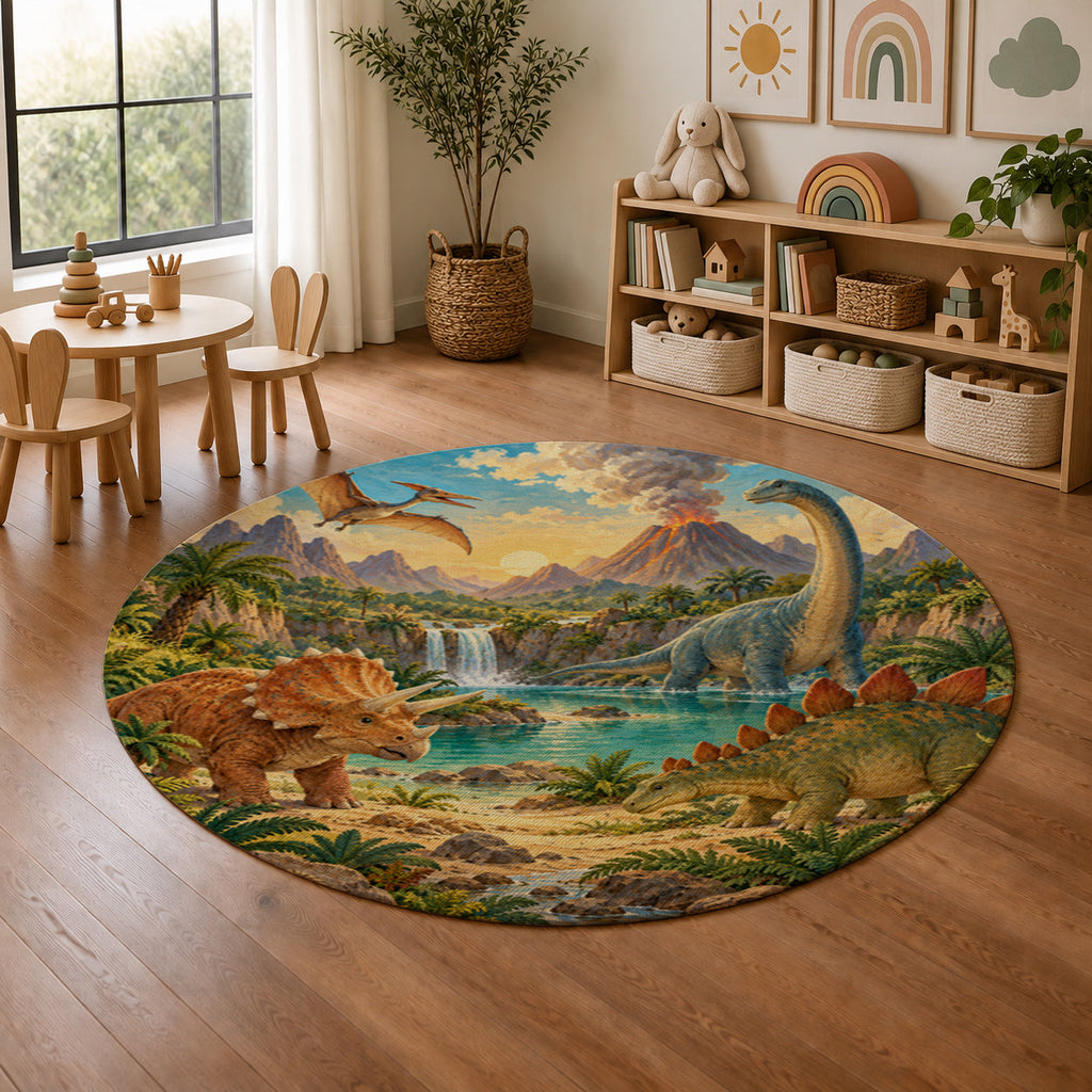 Kartela Dino Valley washable dinosaur round rug in a playroom next to toy shelves