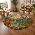Kartela Dino Valley washable dinosaur round rug in a playroom next to toy shelves