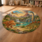 Kartela Dino Valley washable dinosaur round rug in a sunny kids' room with a play tent