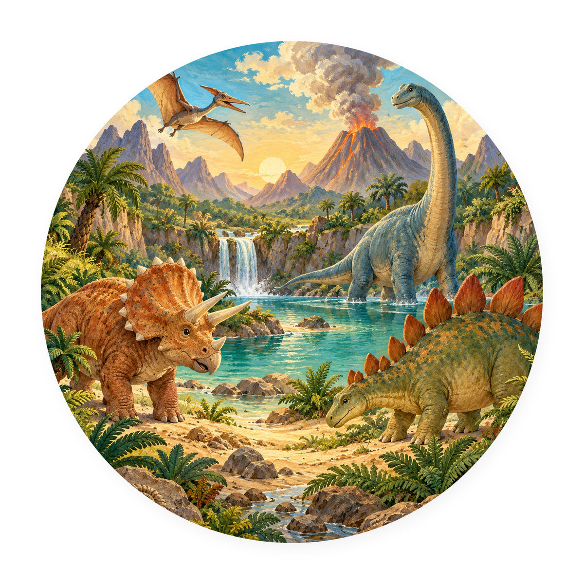 Kartela Dino Valley washable dinosaur round rug, flat product view on white