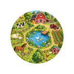 Kartela Happy Farm washable farm animals round rug, top view on a wooden floor