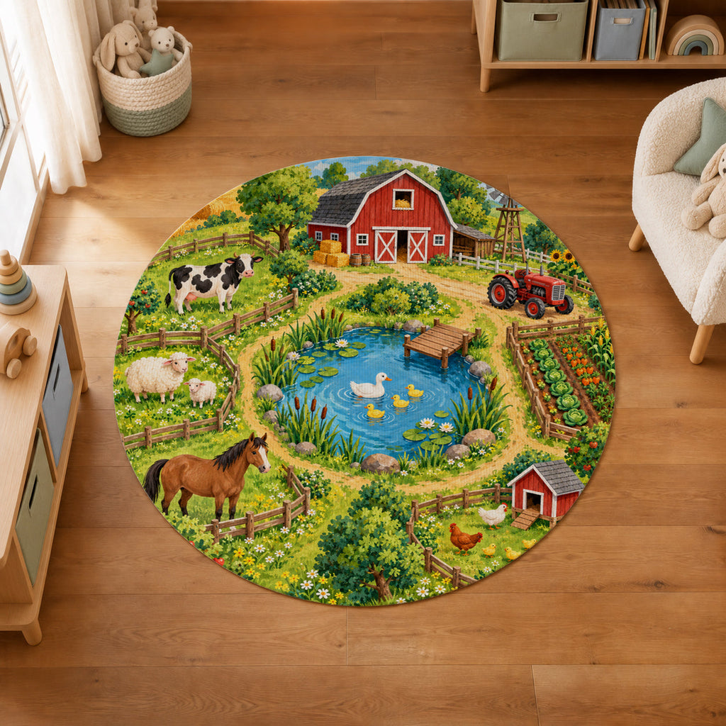 Kartela Happy Farm washable farm animals round rug in a kids' room on a wooden floor