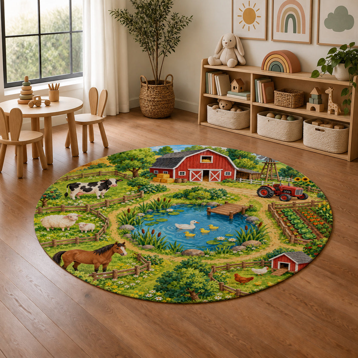 Kartela Happy Farm washable farm animals round rug in a playroom next to toy shelves