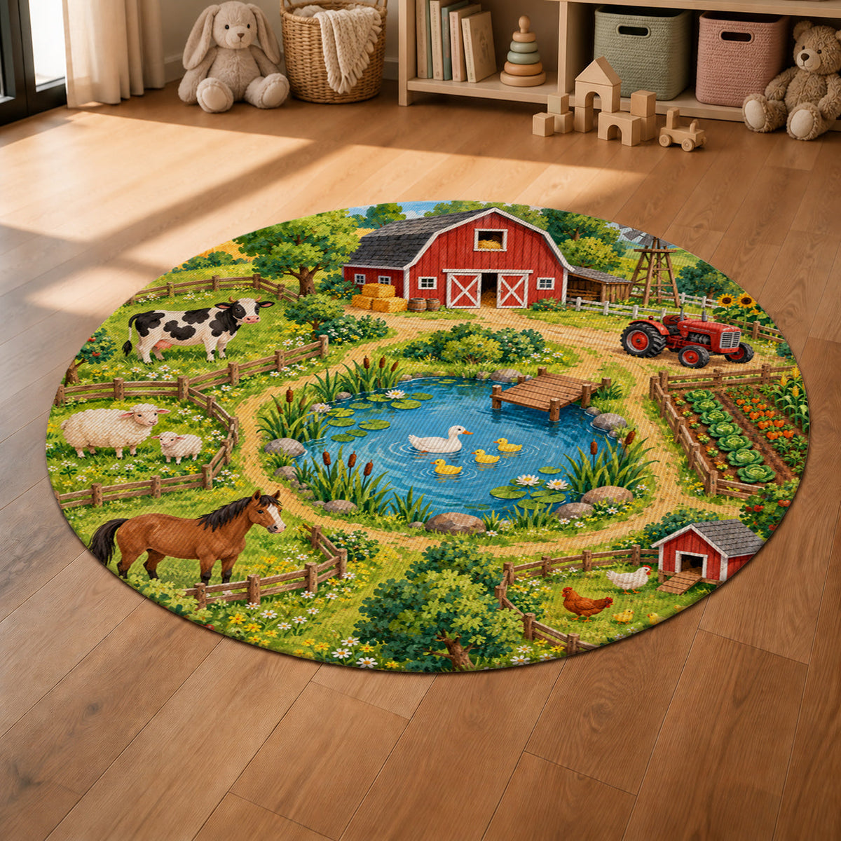 Kartela Happy Farm washable farm animals round rug in a sunny kids' room with a play tent