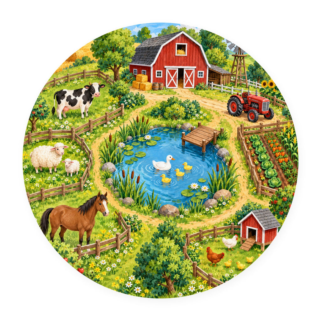 Kartela Happy Farm washable farm animals round rug, flat product view on white