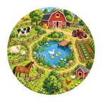 Kartela Happy Farm washable farm animals round rug, flat product view on white