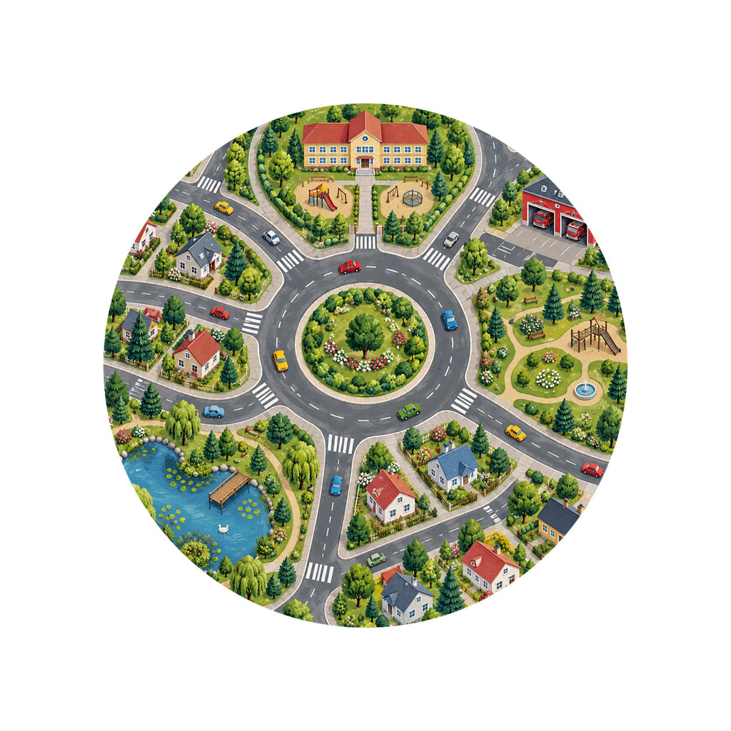 Kartela City Crossing washable road map round play rug, top view on a wooden floor