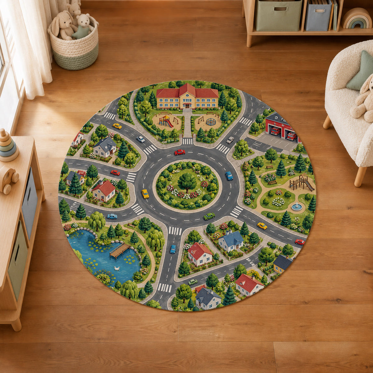 Kartela City Crossing washable road map round play rug in a kids' room on a wooden floor