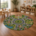 Kartela City Crossing washable road map round play rug in a playroom next to toy shelves