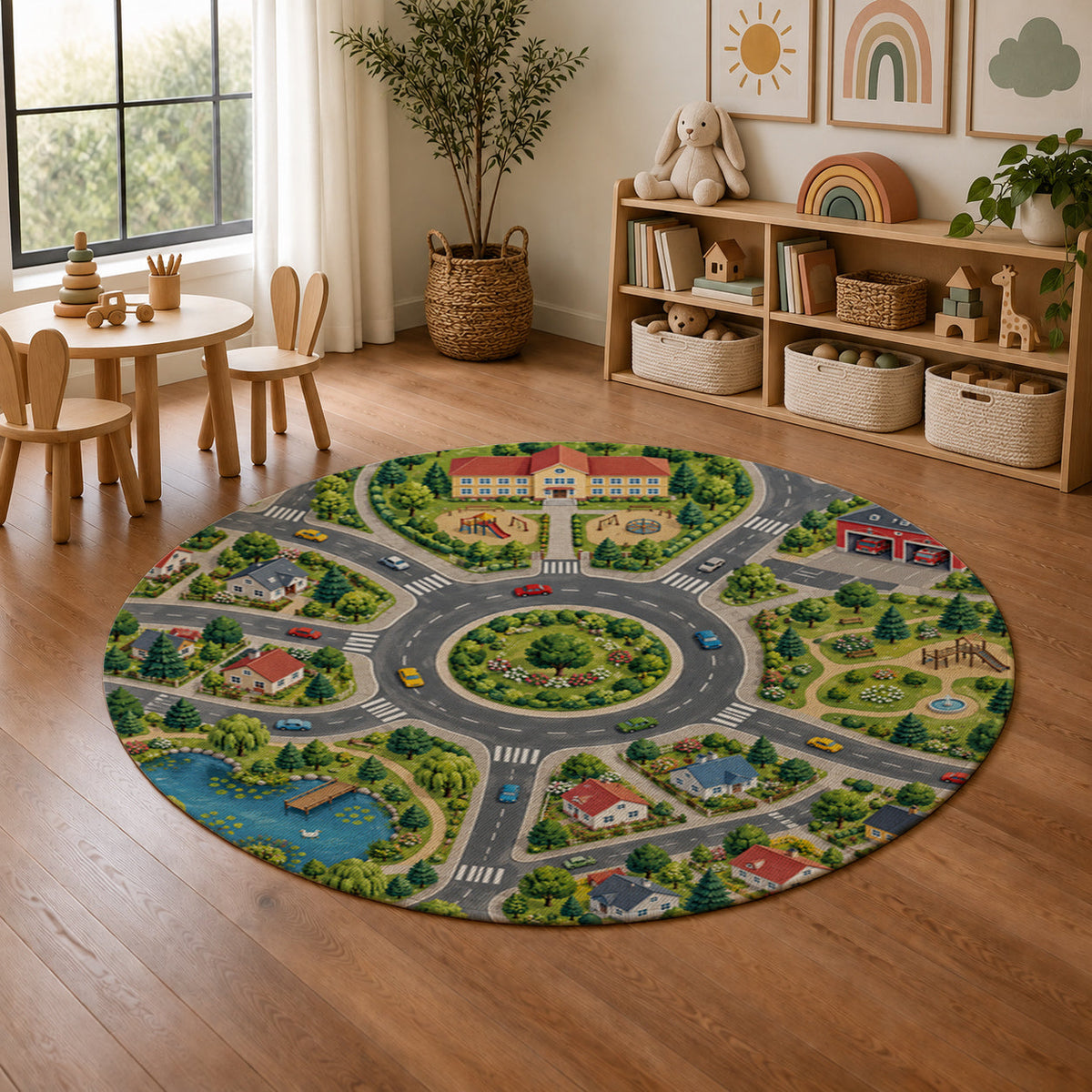 Kartela City Crossing washable road map round play rug in a playroom next to toy shelves