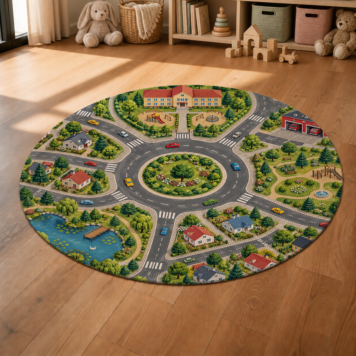 Kartela City Crossing washable road map round play rug in a sunny kids' room with a play tent