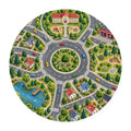 Kartela City Crossing washable road map round play rug, flat product view on white