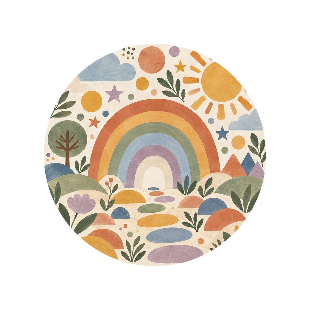 Kartela Rainbow Garden washable boho rainbow round rug, top view on a wooden floor