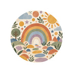 Kartela Rainbow Garden washable boho rainbow round rug, top view on a wooden floor