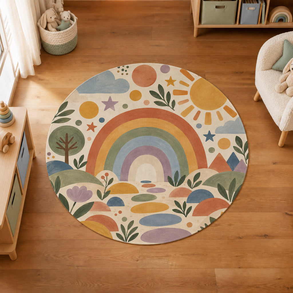 Kartela Rainbow Garden washable boho rainbow round rug in a kids' room on a wooden floor