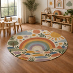 Kartela Rainbow Garden washable boho rainbow round rug in a playroom next to toy shelves