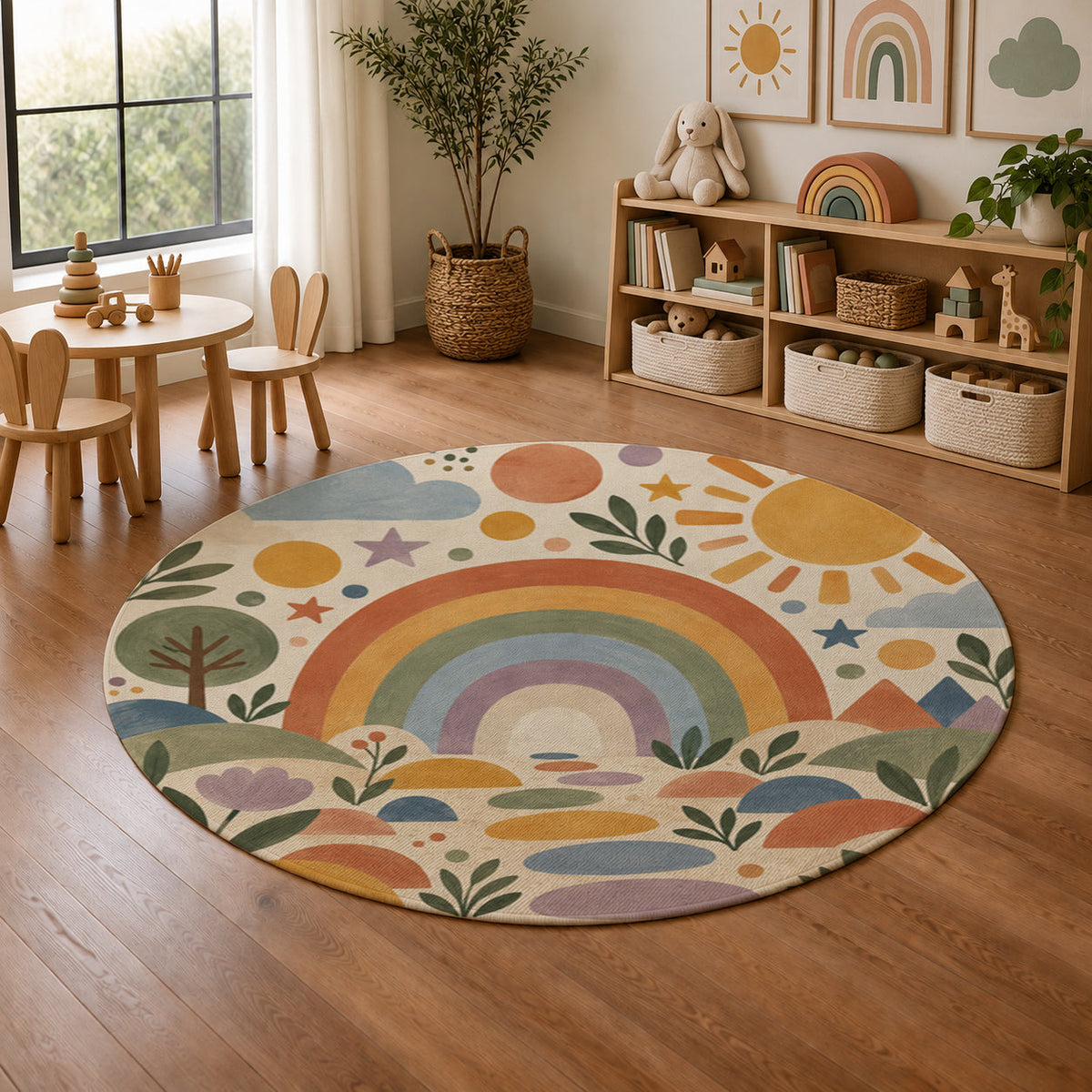 Kartela Rainbow Garden washable boho rainbow round rug in a playroom next to toy shelves