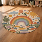 Kartela Rainbow Garden washable boho rainbow round rug in a sunny kids' room with a play tent