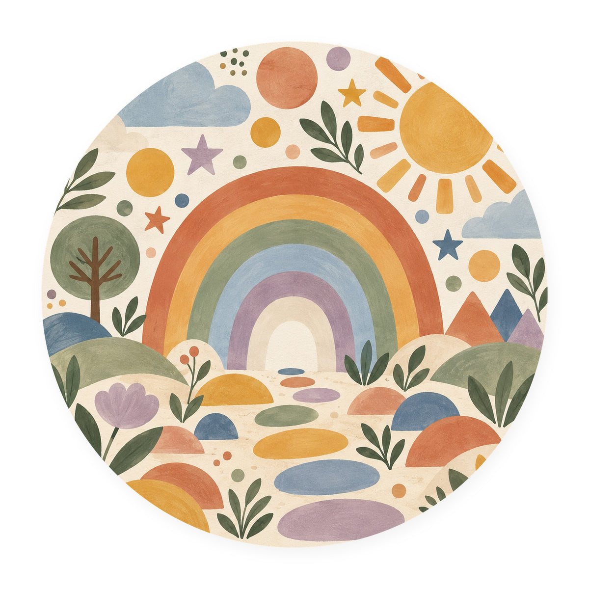 Kartela Rainbow Garden washable boho rainbow round rug, flat product view on white