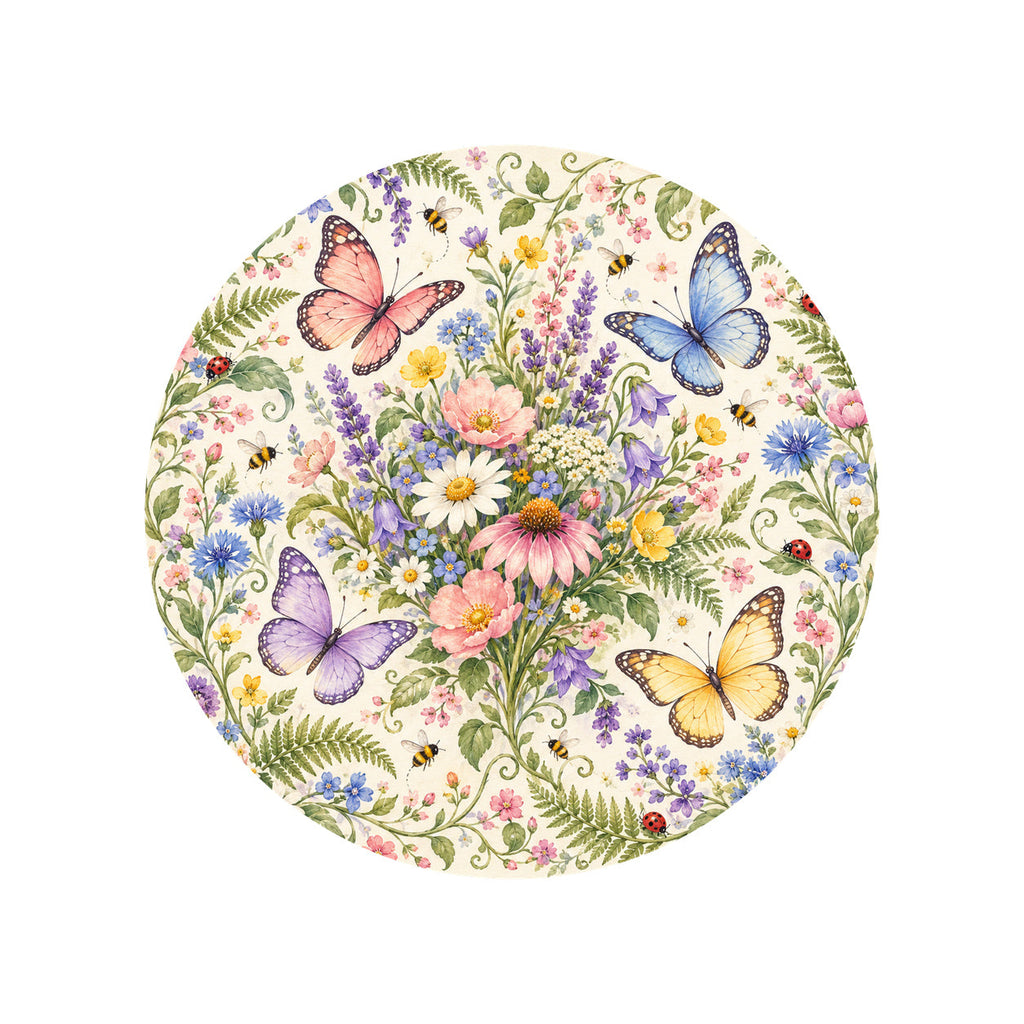 Kartela Butterfly Garden washable butterfly floral round rug, top view on a wooden floor