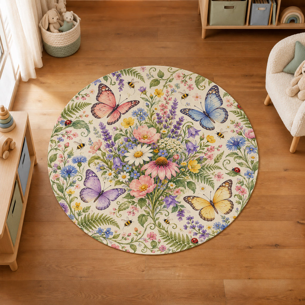 Kartela Butterfly Garden washable butterfly floral round rug in a kids' room on a wooden floor