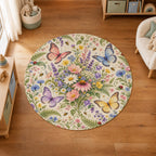 Kartela Butterfly Garden washable butterfly floral round rug in a kids' room on a wooden floor