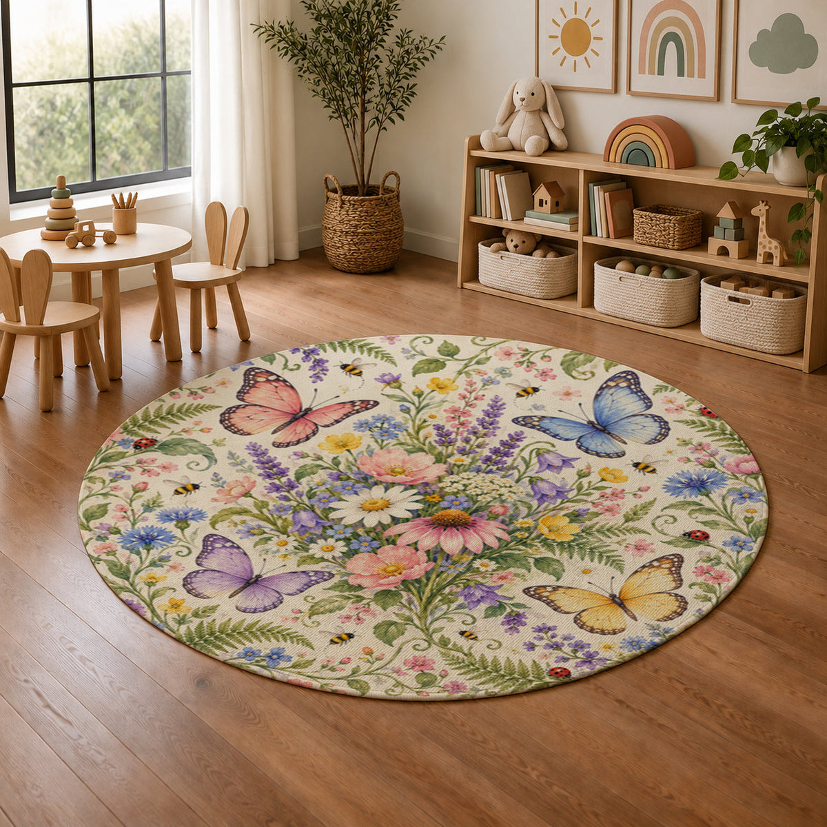 Kartela Butterfly Garden washable butterfly floral round rug in a playroom next to toy shelves