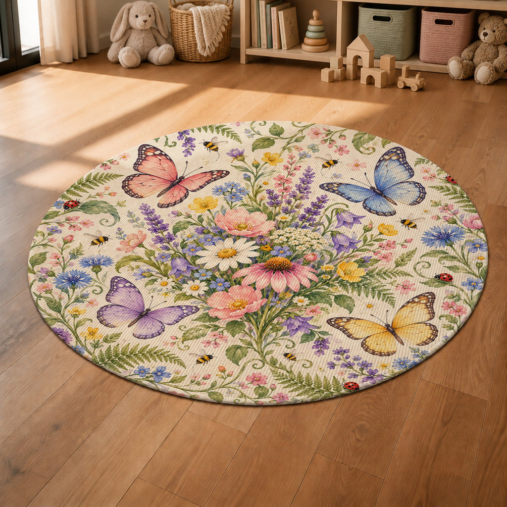 Kartela Butterfly Garden washable butterfly floral round rug in a sunny kids' room with a play tent