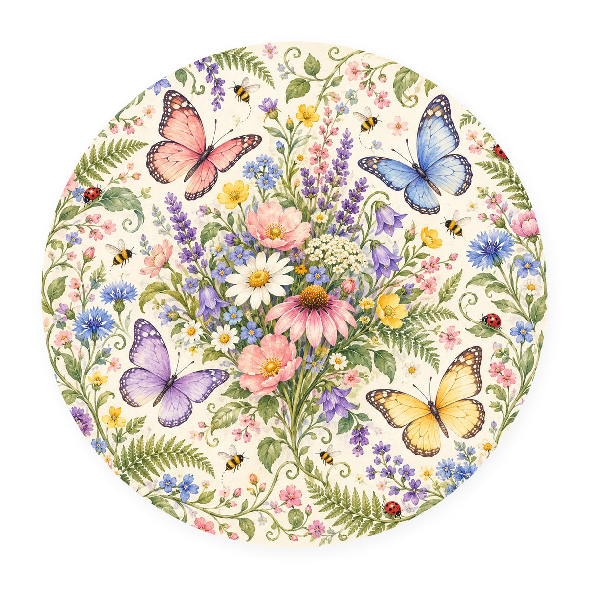 Kartela Butterfly Garden washable butterfly floral round rug, flat product view on white