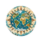 Kartela World Compass washable world map round rug, top view on a wooden floor