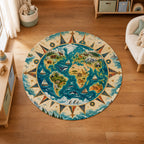 Kartela World Compass washable world map round rug in a kids' room on a wooden floor