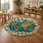 Kartela World Compass washable world map round rug in a playroom next to toy shelves