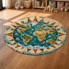 Kartela World Compass washable world map round rug in a sunny kids' room with a play tent
